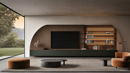 Wall Mural - Modern Living Room Entertainment Center: A contemporary living room design showcases a sleek, curved entertainment center with integrated shelving, a large television screen.