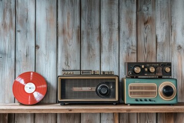 Aufkleber - Vintage radios and red vinyl record displayed on wooden shelf creating a nostalgic atmosphere. Generative AI