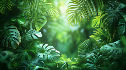 Lush green tropical leaves illuminated by soft sunlight in jungle.