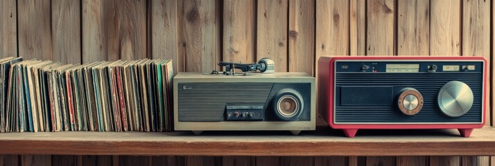 Aufkleber - Vintage radios and vinyl records on a wooden shelf in a cozy setting with warm lighting. Generative AI