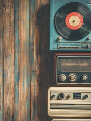 Aufkleber - Vintage audio equipment arrangement showcasing retro record player and radios on wooden wall. Generative AI
