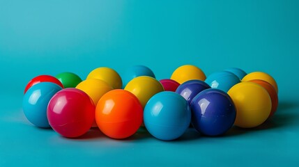 Wall Mural - Colorful balls on a blue background. The balls are of different colors, including red, orange, yellow, green, blue, and purple.