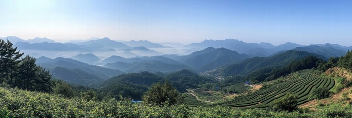Poster - Scenic panorama of green terraced fields and misty mountain range under clear blue sky in early morning hours. Generative AI