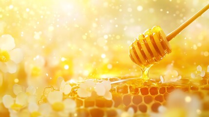 A scene of honey flowing from a stick onto a honeycomb with detailed close-up capturing the natural beauty and health benefits of bee honey