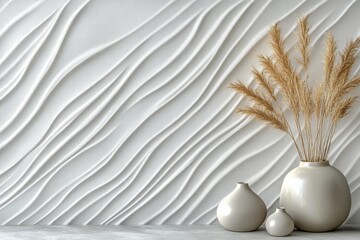 Poster - Decorative white wall with textured waves and minimalist vases holding dry grass in a modern interior setting. Generative AI
