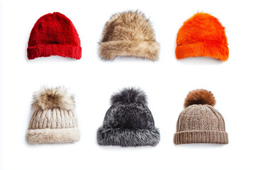 Wall Mural - Collection of winter fur hats isolated on a white background