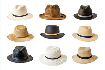 Wall Mural - Collection of Panama hats isolated on a white background