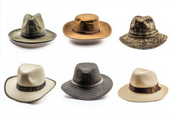 Collection of safari hats isolated on white background