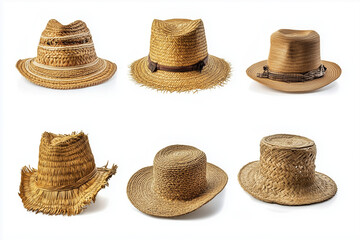 Wall Mural - Collection of straw hats isolated on white background