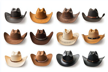 Wall Mural - Collection of cowboy hats isolated on white background