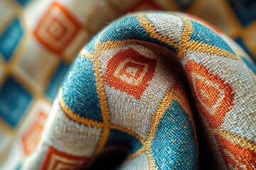 Poster - Close-up of a textured fabric with a geometric pattern in teal, orange, and beige.