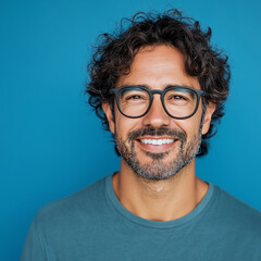 Smiling male portrait studio setting close-up photography bright blue background vibrant mood personal branding concept