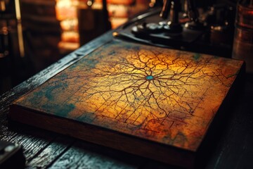 Fototapete - A mystical, antique map with a central point, etched onto a weathered wooden board, glows with an inner light.
