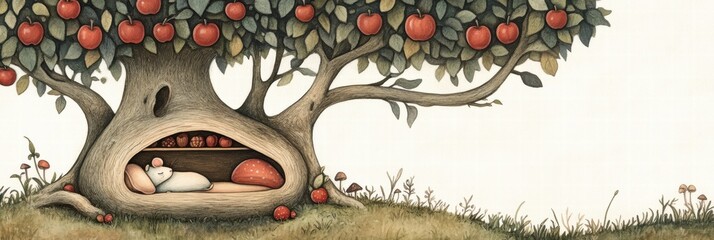 Poster - Cozy mouse rests under a vibrant apple tree in a serene woodland setting during a sunny afternoon. Generative AI