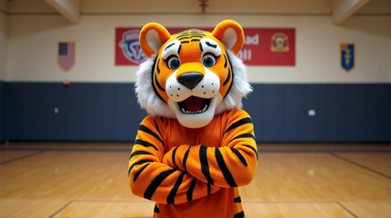 Wall Mural - A fierce tiger mascot in school colors standing in a gym, arms crossed, exuding school spirit and pride, perfect for events and rallies.