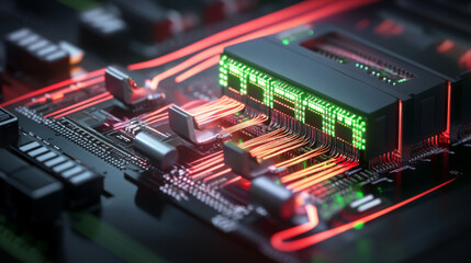 Wall Mural - close up of circuit board with glowing components and intricate wiring