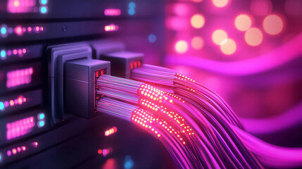 Wall Mural - colorful optical fiber cables connected to high tech server, glowing brightly