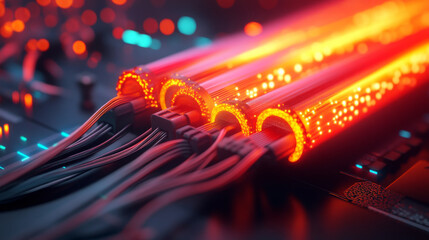 Wall Mural - close up of vibrant fiber optic cables glowing with light, showcasing technology