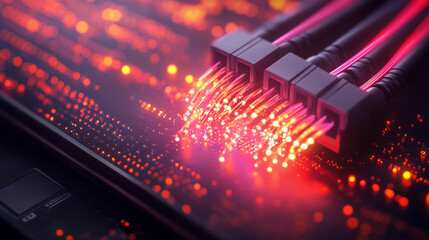 Wall Mural - close up of fiber optic cables glowing with vibrant light on circuit board