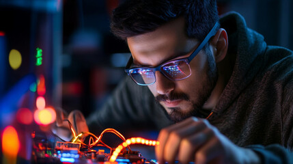 Wall Mural - cybersecurity analyst working on lan server with colorful lights