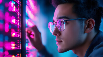 Wall Mural - cybersecurity expert analyzing data on lan servers with vibrant lights