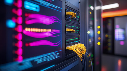 Wall Mural - data center with colorful screens and network cables displaying information