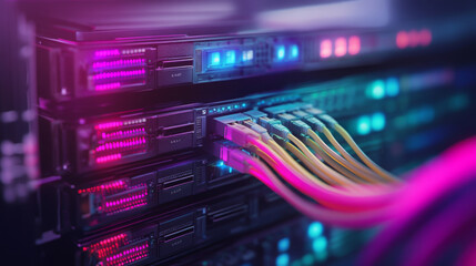 Wall Mural - high tech server with colorful led lights and network cables connected