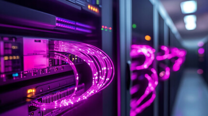 Wall Mural - illuminated data center with glowing optical fiber cables in focus