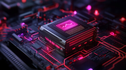 Wall Mural - high tech microprocessor on circuit board with glowing connections