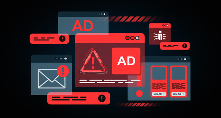illustration of internet security threats with red alerts and symbols on dark background. 3d renderi
