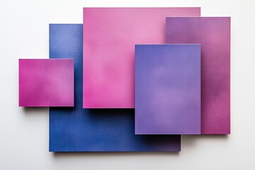 Poster - Colorful abstract art composition with pink and purple canvases on a white background enhancing modern decor in a bright space. Generative AI