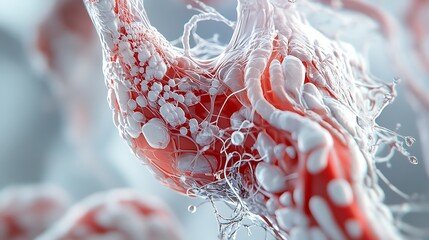 Abstract Close-up of Red and White Liquid with Intricate Web-Like Structure