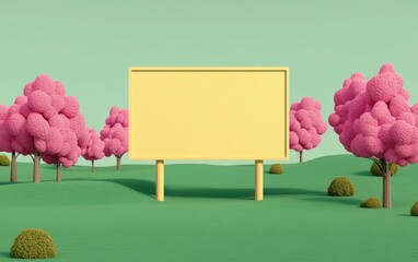 Wall Mural - A vibrant scene featuring a blank yellow billboard surrounded by cartoonish pink trees and green grassy hills.