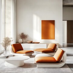 Minimalist, japandi home interior design of modern living room. Bright room with bold orange, white and terra cotta cushioned chairs, clean white table and abstract decor elements.
