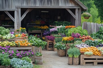 Poster - Fresh produce market bustling with colorful vegetables and flowers on a sunny day in a rustic setting. Generative AI