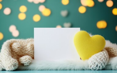 Wall Mural - Cozy scene with a blank card and a yellow heart on soft fabric, perfect for romantic or creative designs. Ideal for heartfelt messages.