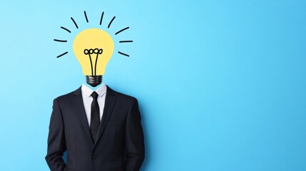 Wall Mural - Creative concept of a businessman with a light bulb for a head, symbolizing inspiration, innovation, and new ideas on a blue background.