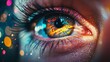 © aleks - Close-up of a human eye with vibrant colors and reflections, capturing intricate details and dazzling light effects in the background