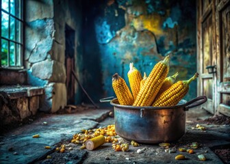 Wall Mural - Abandoned industrial building, dark and moody; a rustic pot of roasted corn, a testament to forgotten times.