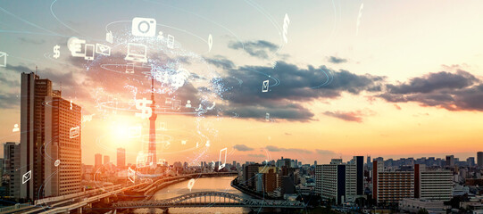 Aufkleber - network, city, app, future, dx, digital transformation, social media, business, communication, outlook, smart city, radio wave, line, online, web, internet, data, urban, japan, tokyo, system, cloud, a