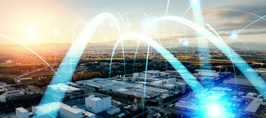 Poster - horizon, factory, network, industry, manufacturing, smart, supply chain, automation, iiot, iot, dx, digital transformation, future, outlook, aerial view, drone, communication, system, tech, technology