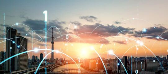 Aufkleber - network, dx, digital, city, society, future, speed, system, cyber, data, communication, communication network, net, online, web, dawn, tomorrow, transformation, engineering, development, cloud, ai, 5g