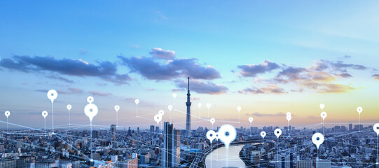 Leinwandbilder - gps, location information, network, search, pin, city, society, social media, map, future, outlook, tourism, travel, store, base, place, location, data, internet, online, web, japan, tokyo, blue sky, 