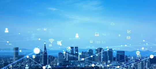 Poster - network, city, society, sns, app, iot, business, dx, digital transformation, blockchain, block chain, future, cyber, system, building, construction, blue sky, japan, tokyo, era, data, development, sma