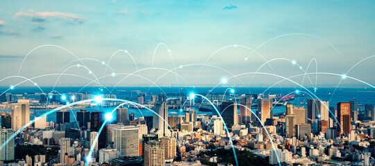 Aufkleber - network, city, communication, society, dx, digital transformation, iot, future, data, information, buildings, system, construction, infrastructure, radio wave, line, internet, online, web, 5g, 6g, con