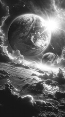 Wall Mural - distant planets and a swirling black hole in outer space landscape surreal background. generative ai