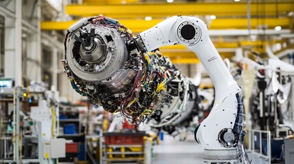 Wall Mural - a robotic arm repairing a complex piece of machinery in a busy aerospace engineering workshop, spaci