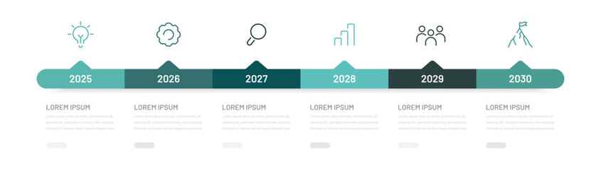 Business infographics for a presentation consisting of 6 steps, stages of achieving a goal. Project planning by year or month, editable icons