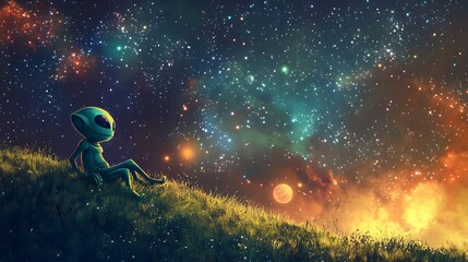 an alien relaxes on a grassy hill under a vibrant night sky filled with colorful stars and planets