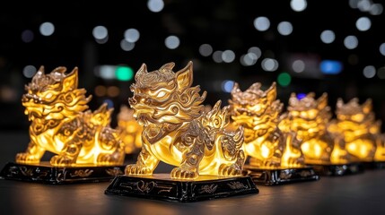 Wall Mural - Illuminated Golden Lion Statues in Dark Setting